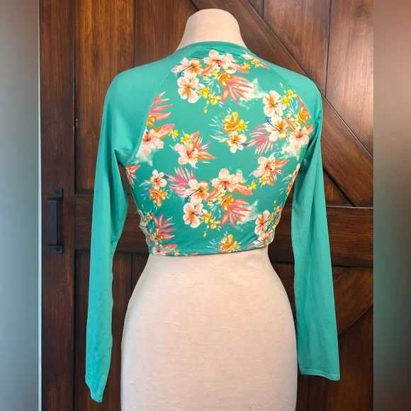 O'rageous Rash Guard Green Floral Long Sleeve Crop Top -‎ Green UPF-50 Women's M - Picture 2 of 4